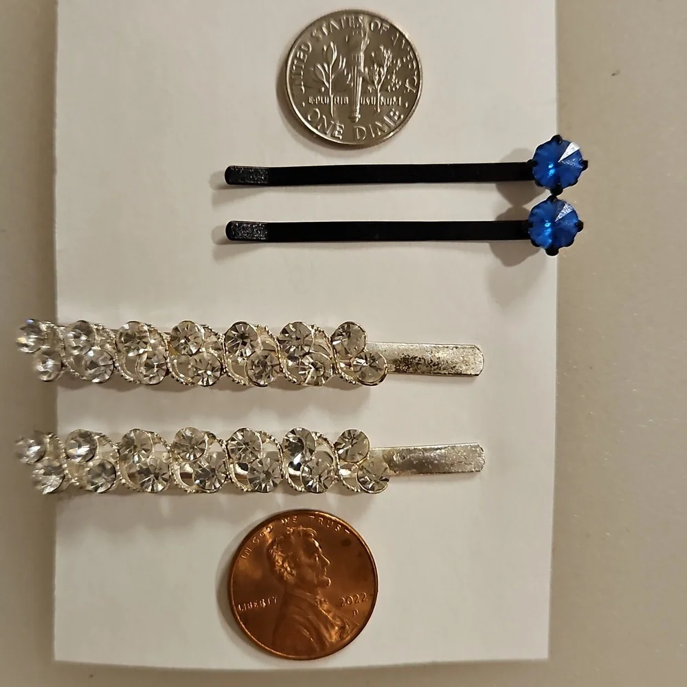 Set Of 4 Blue And Clear Rhinestone hair pins Special Occasion Bun Braid Prom
